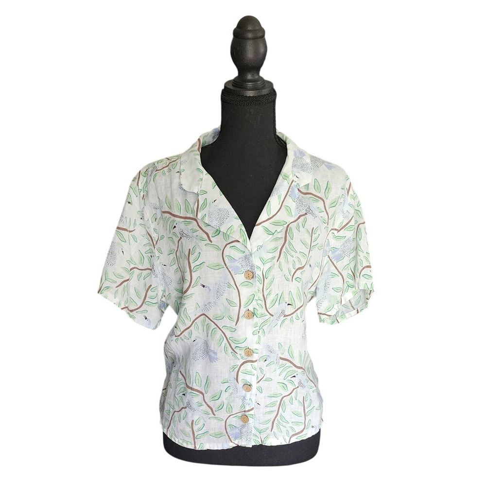 Cynthia Rowley Womens White 100% Linen Nature Shirt Bird Floral Short Sleeve M